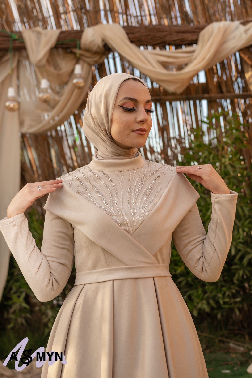 Beige Satin Soiree Dress