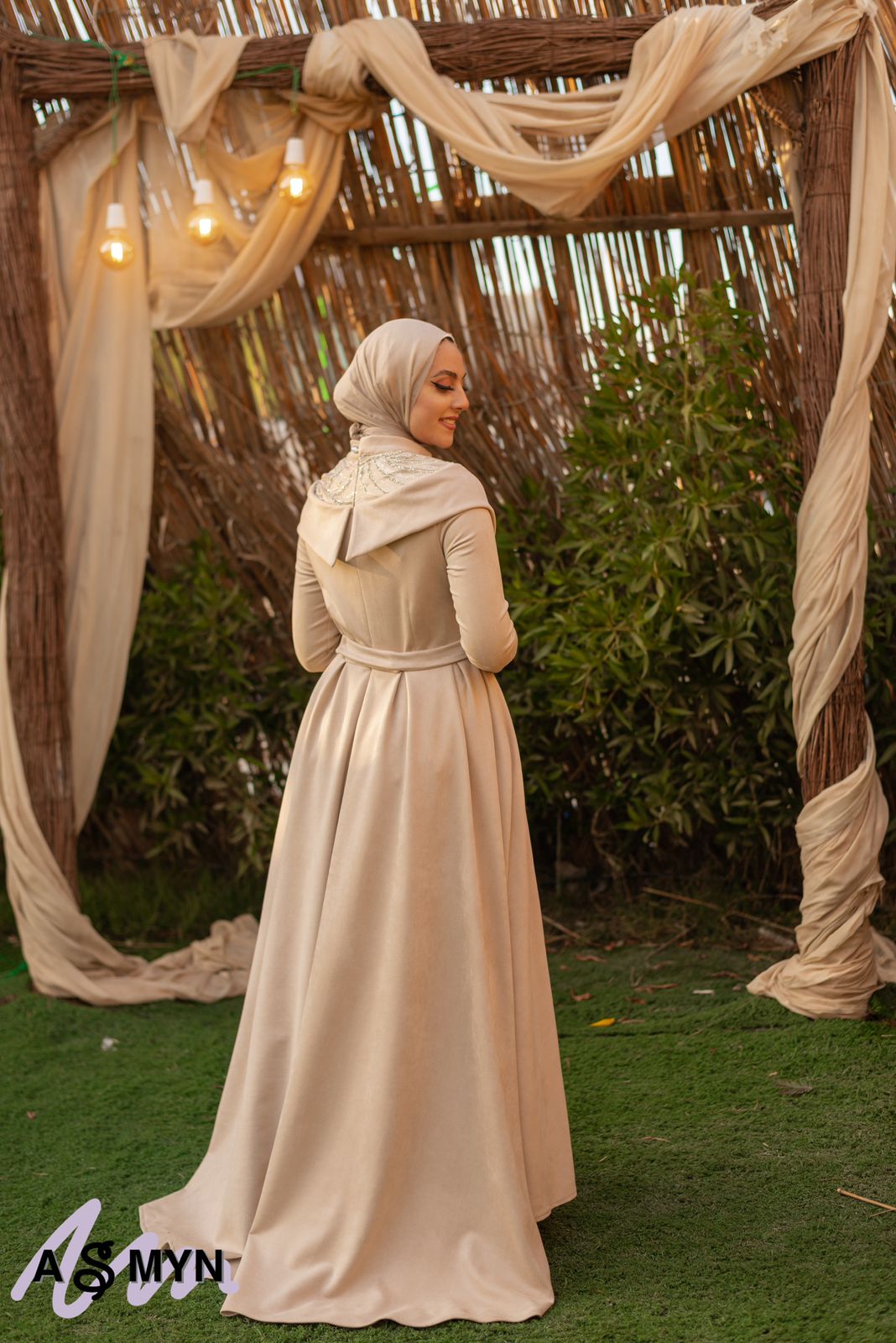 Beige Satin Soiree Dress