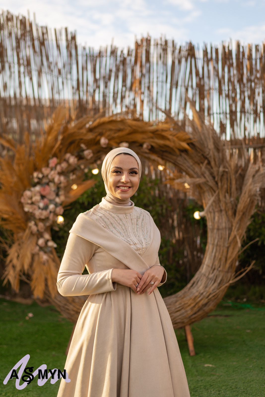Beige Satin Soiree Dress
