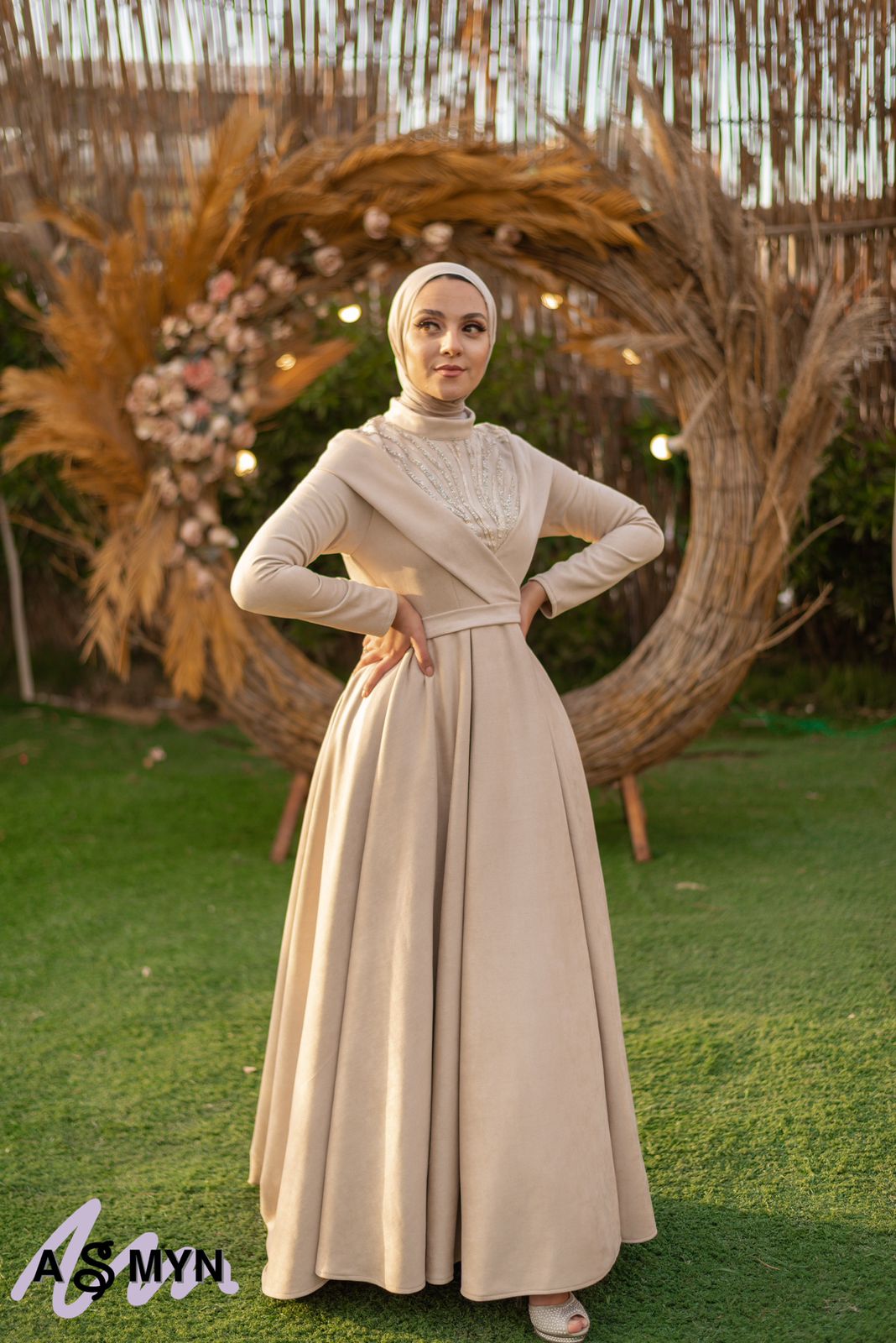 Beige Satin Soiree Dress