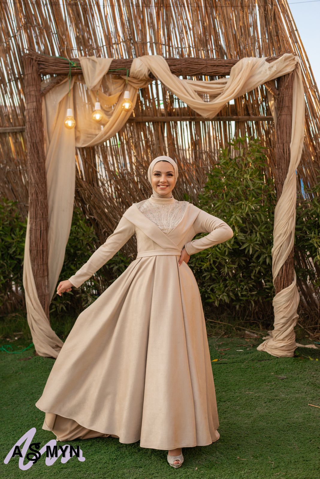 Beige Satin Soiree Dress – ASMYN