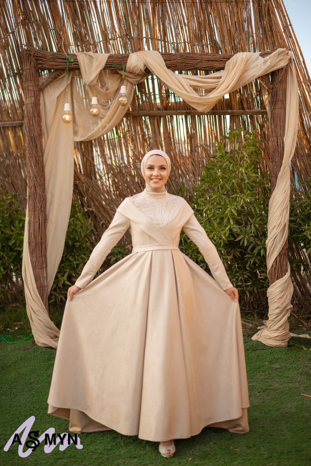 Beige Satin Soiree Dress