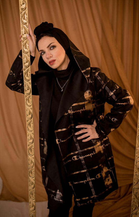 Black N Gold Patterned Winter Cardigan