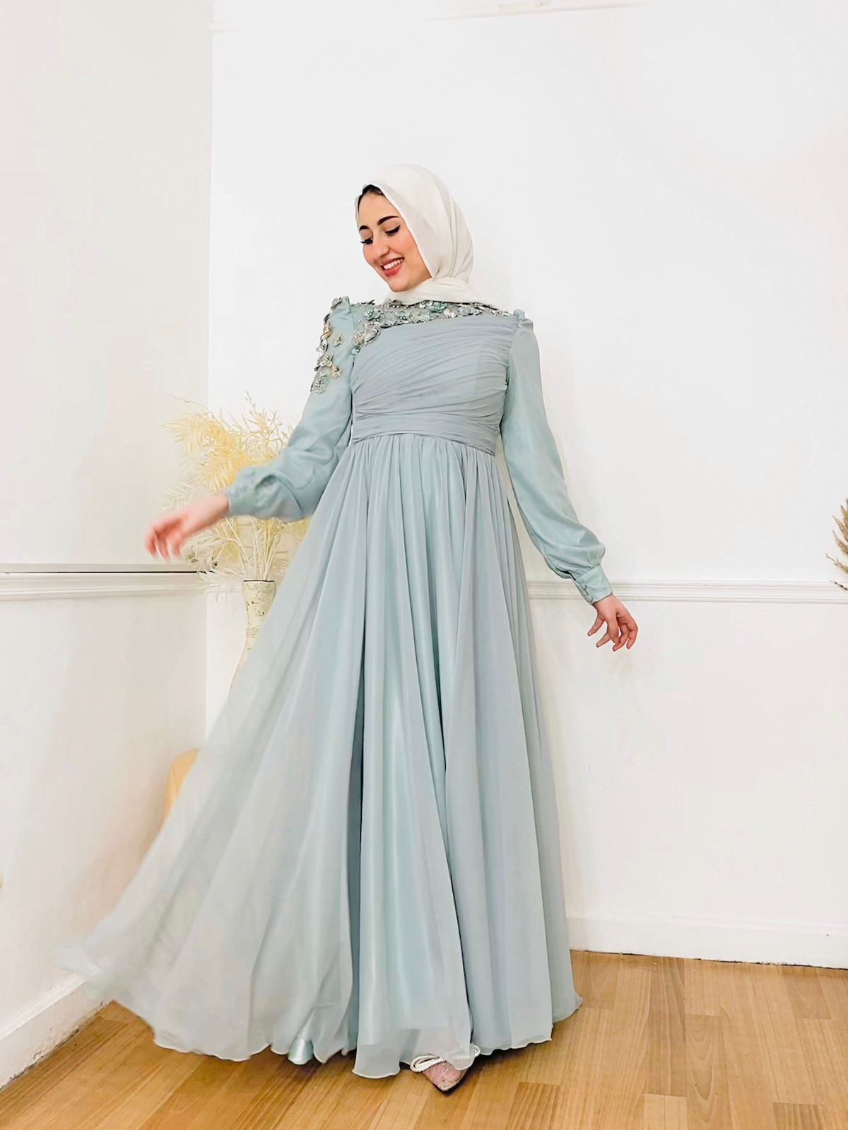 Mint Flowered Chiffon Soiree Dress