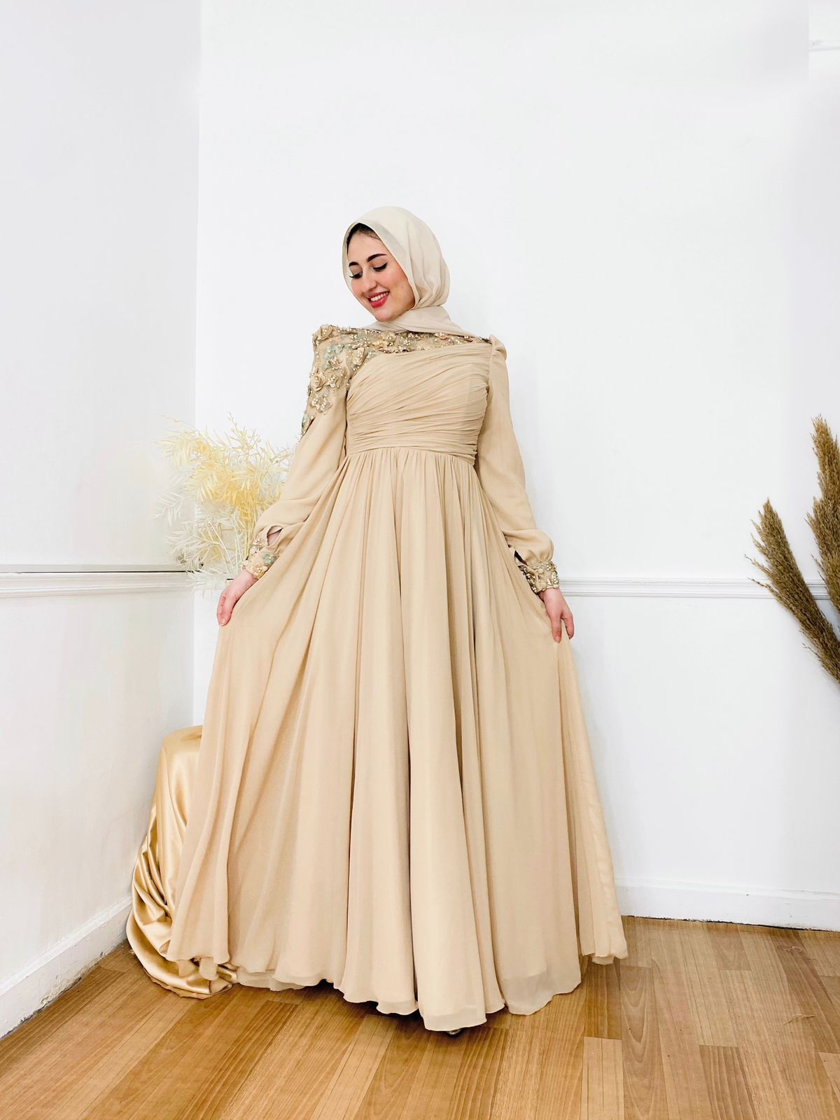 Beige Flowered Chiffon Soiree Dress