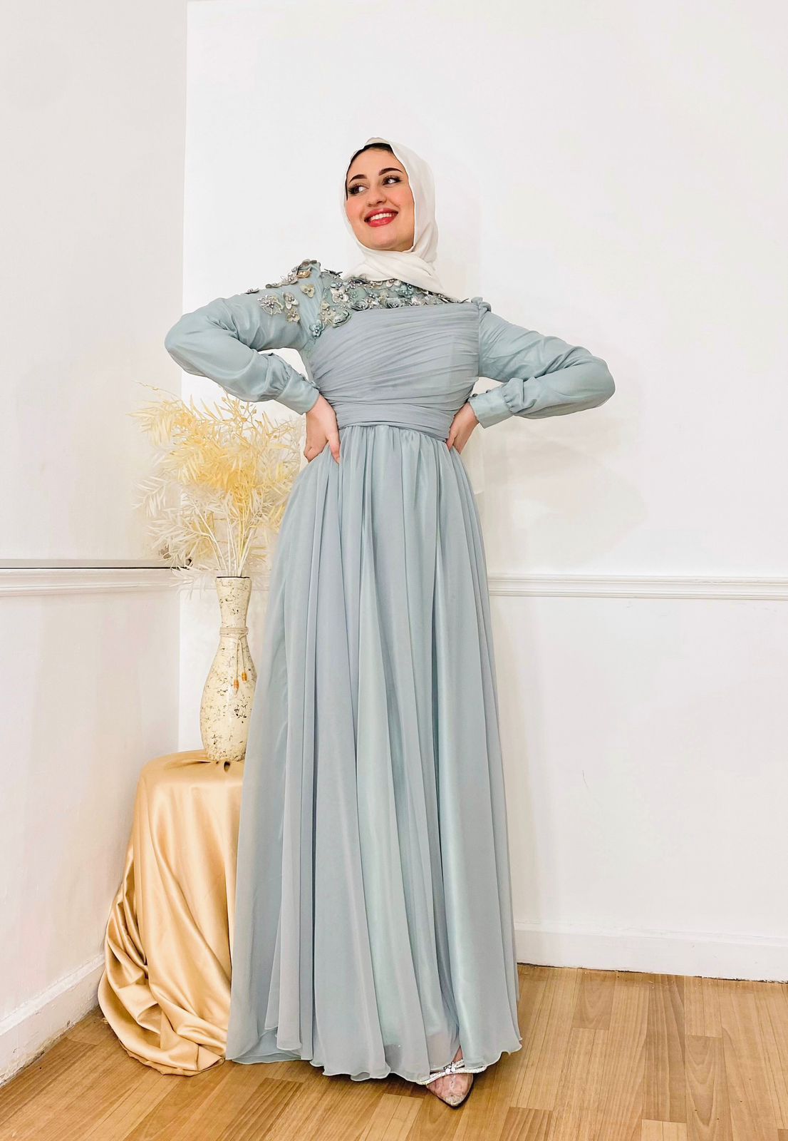 Mint Flowered Chiffon Soiree Dress