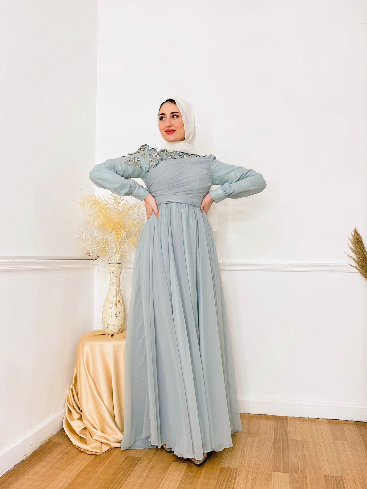 Mint Flowered Chiffon Soiree Dress