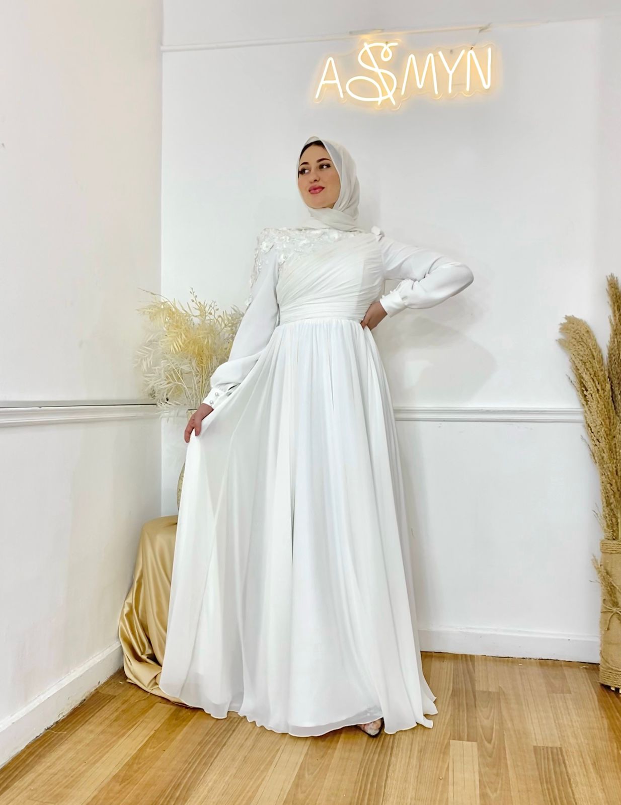 Off-white Flowered Chiffon Soiree Dress