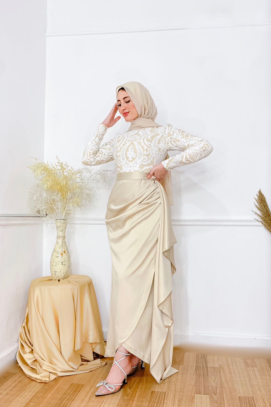 Champagne Satin Dress with Patterned Top