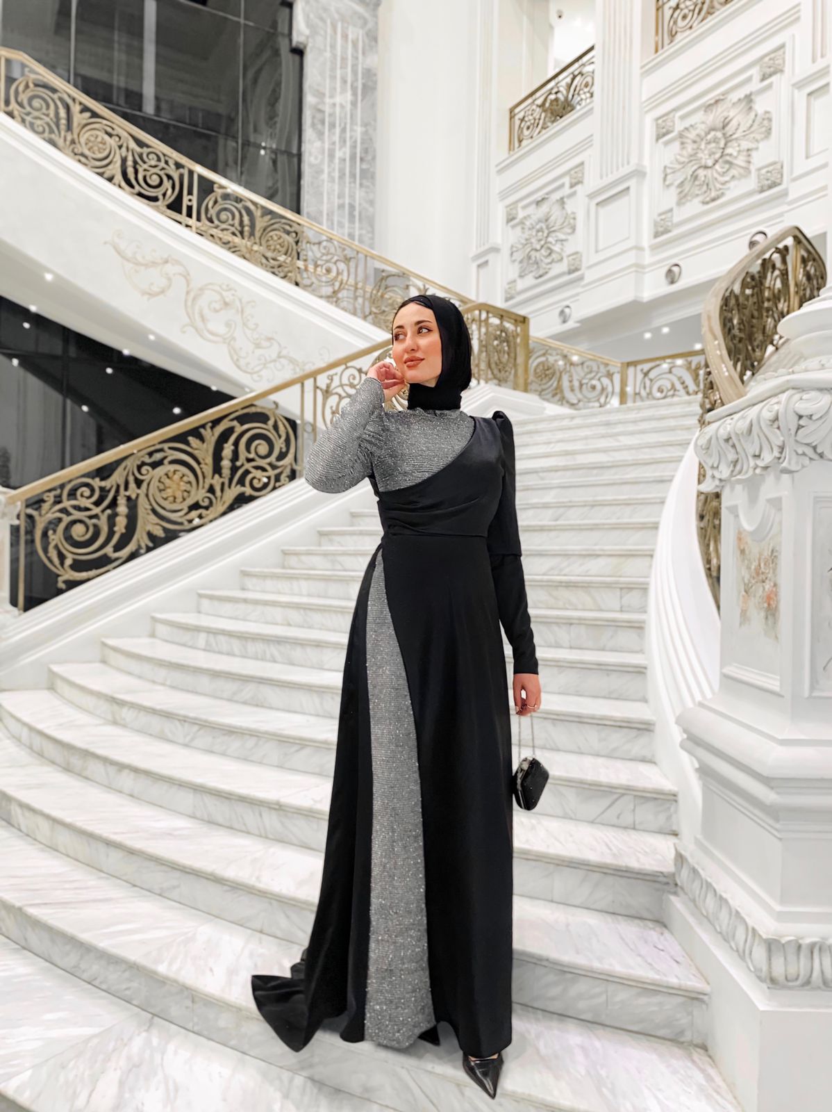 Black N Silver Satin Soiree Dress