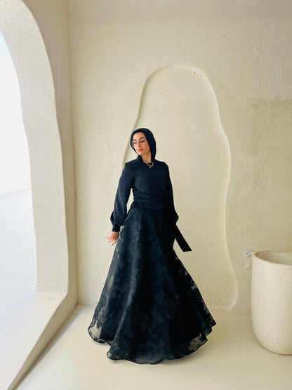 Black Satin Blouse & Embroidered Cloche Skirt Set