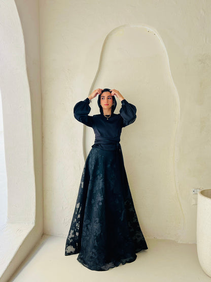 Black Satin Blouse & Embroidered Cloche Skirt Set