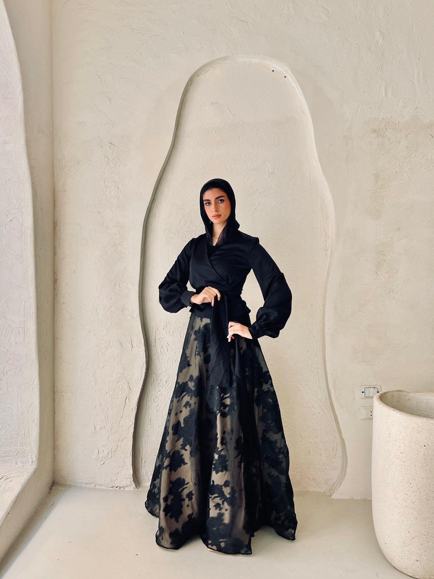 Black Cloche Skirt with Classic Embroidery (Gold Lined)