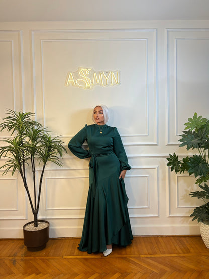 Sage Satin Wrap Dress