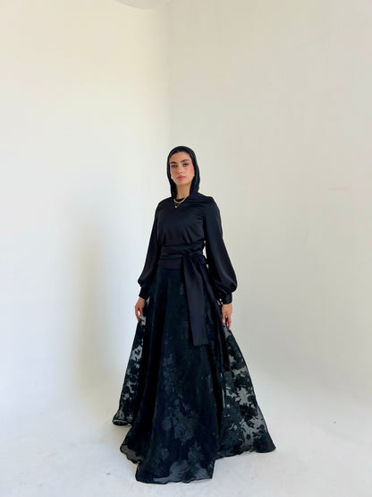 Black Satin Blouse & Embroidered Cloche Skirt Set
