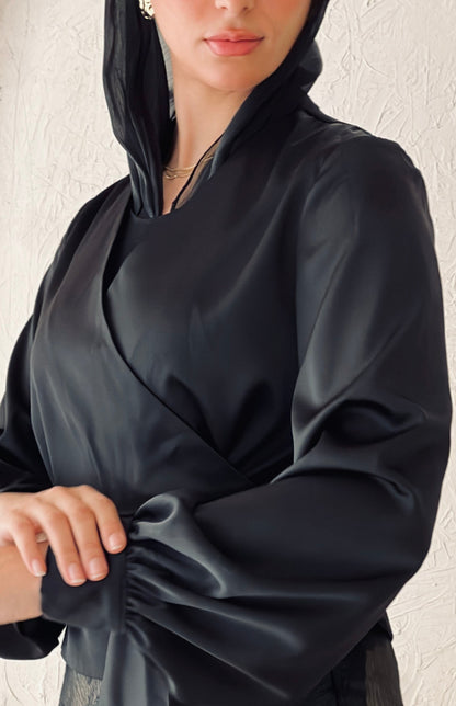 Black Satin Blouse & (Gold Lined) Embroidered Cloche Skirt Set