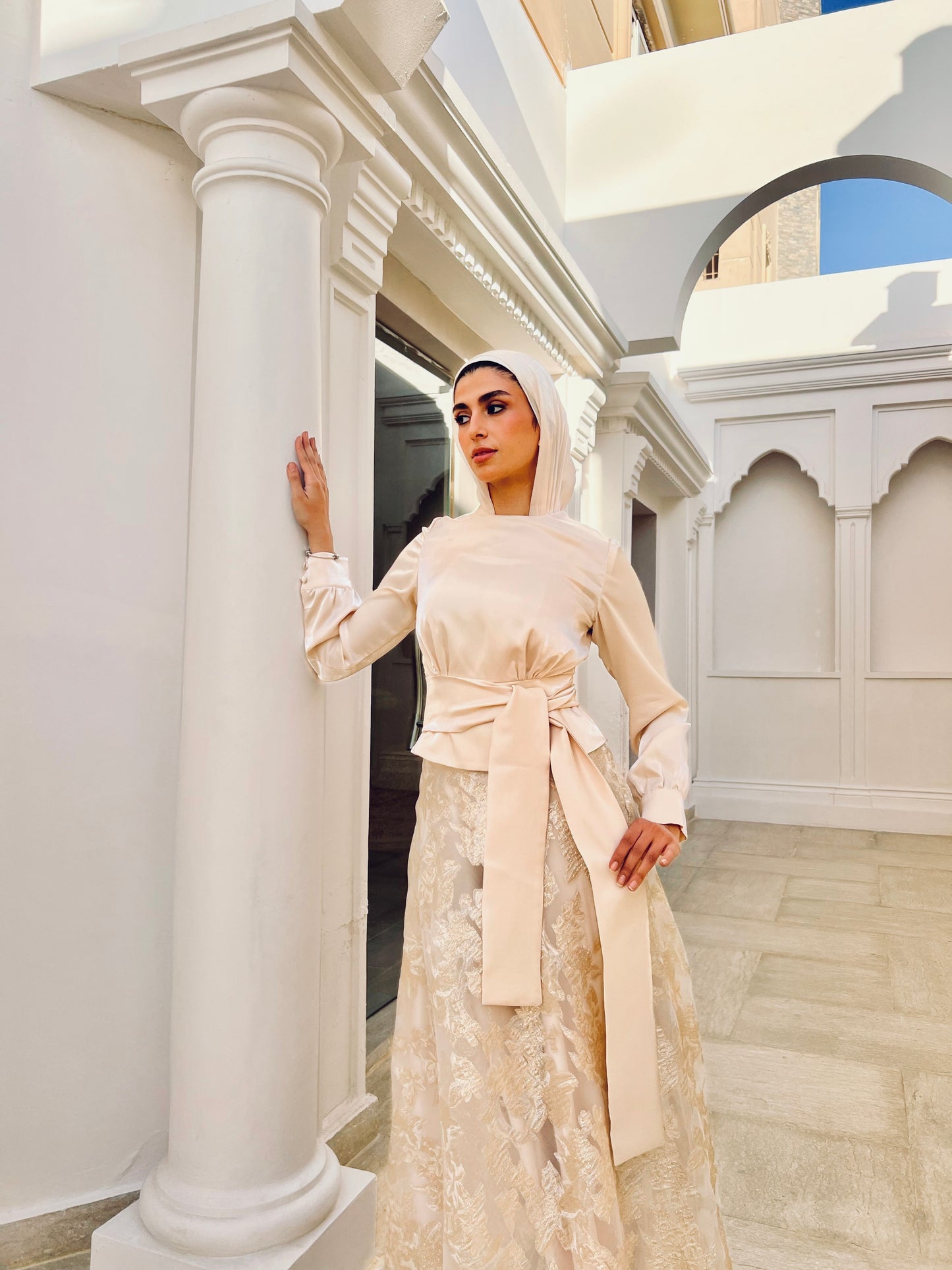 Champagne Satin Blouse with Waist Tie