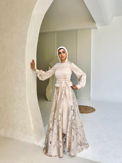 Champagne Satin Blouse & Embroidered Cloche Skirt Set