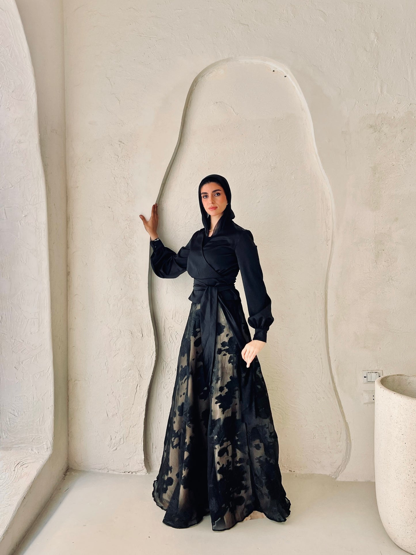 Black Cloche Skirt with Classic Embroidery (Gold Lined)