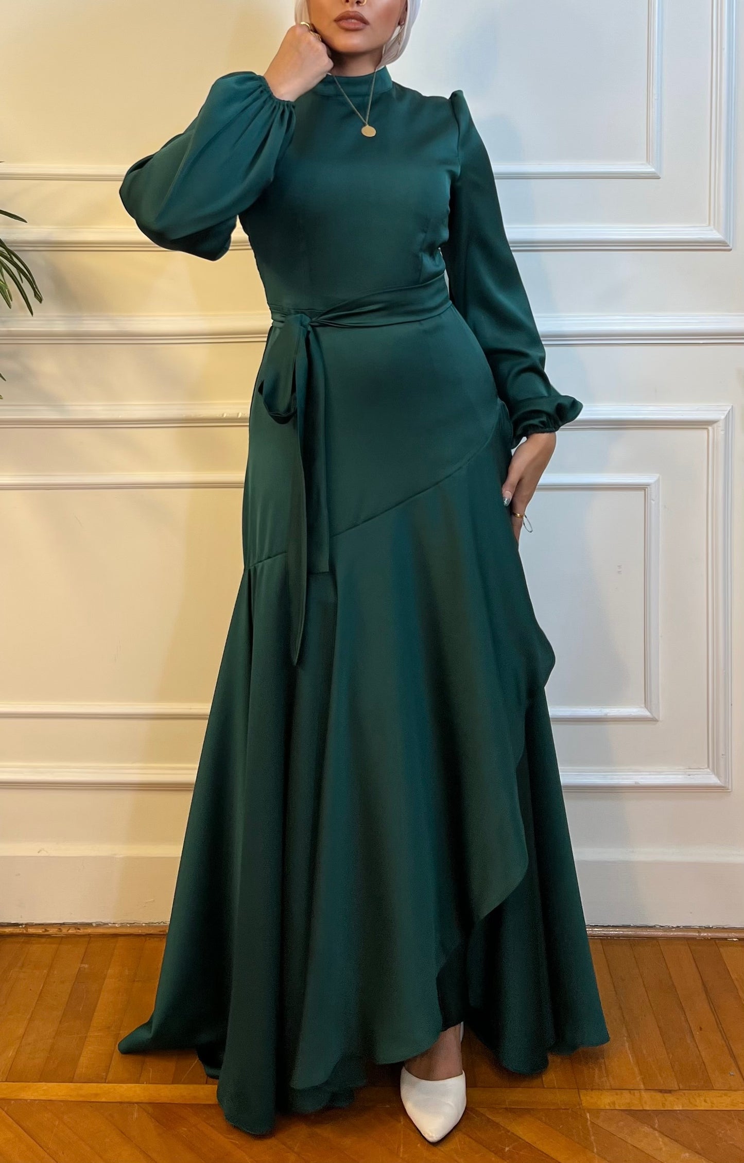 Petroleum Satin Wrap Dress