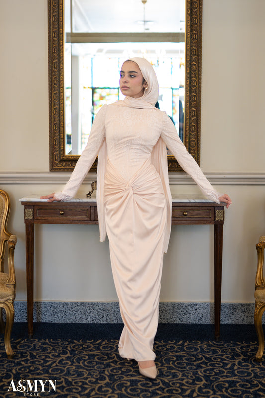 Champagne Lace satin Soiree Dress