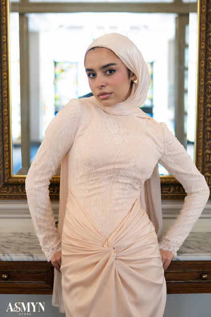 Champagne Lace satin Soiree Dress