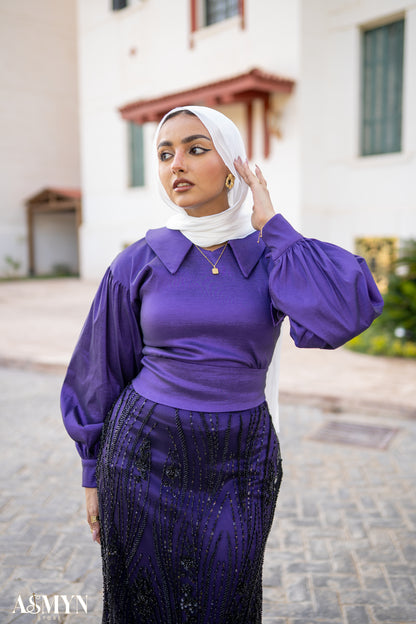 Dark Purple Soirée 2-Pieces Dress Set with Embroidered Skirt
