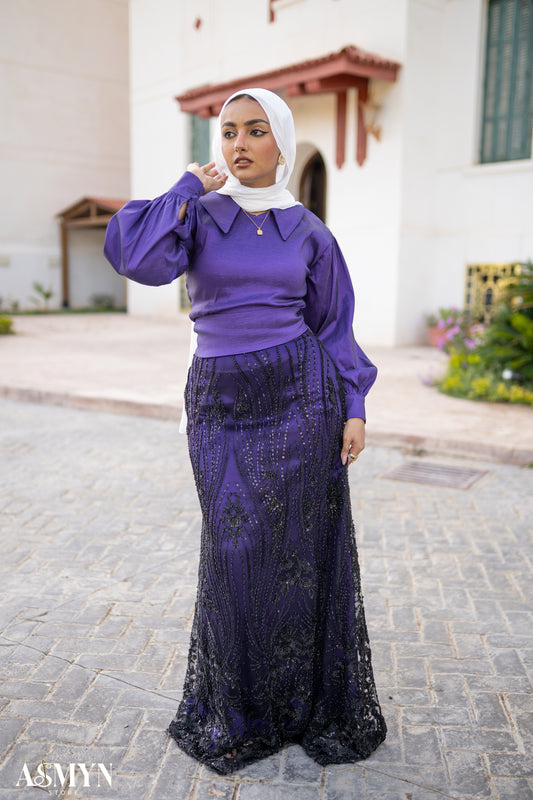 Dark Purple Soirée 2-Pieces Dress Set with Embroidered Skirt