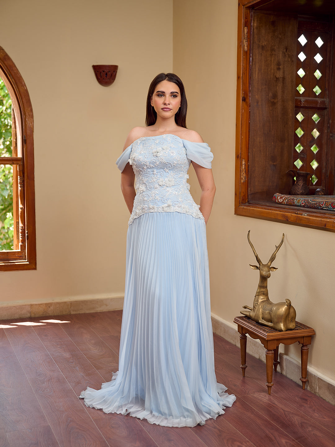powder blue off-shoulder cascade Gown