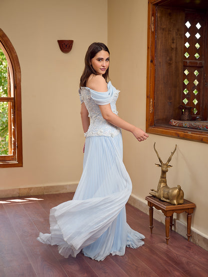 powder blue off-shoulder cascade Gown