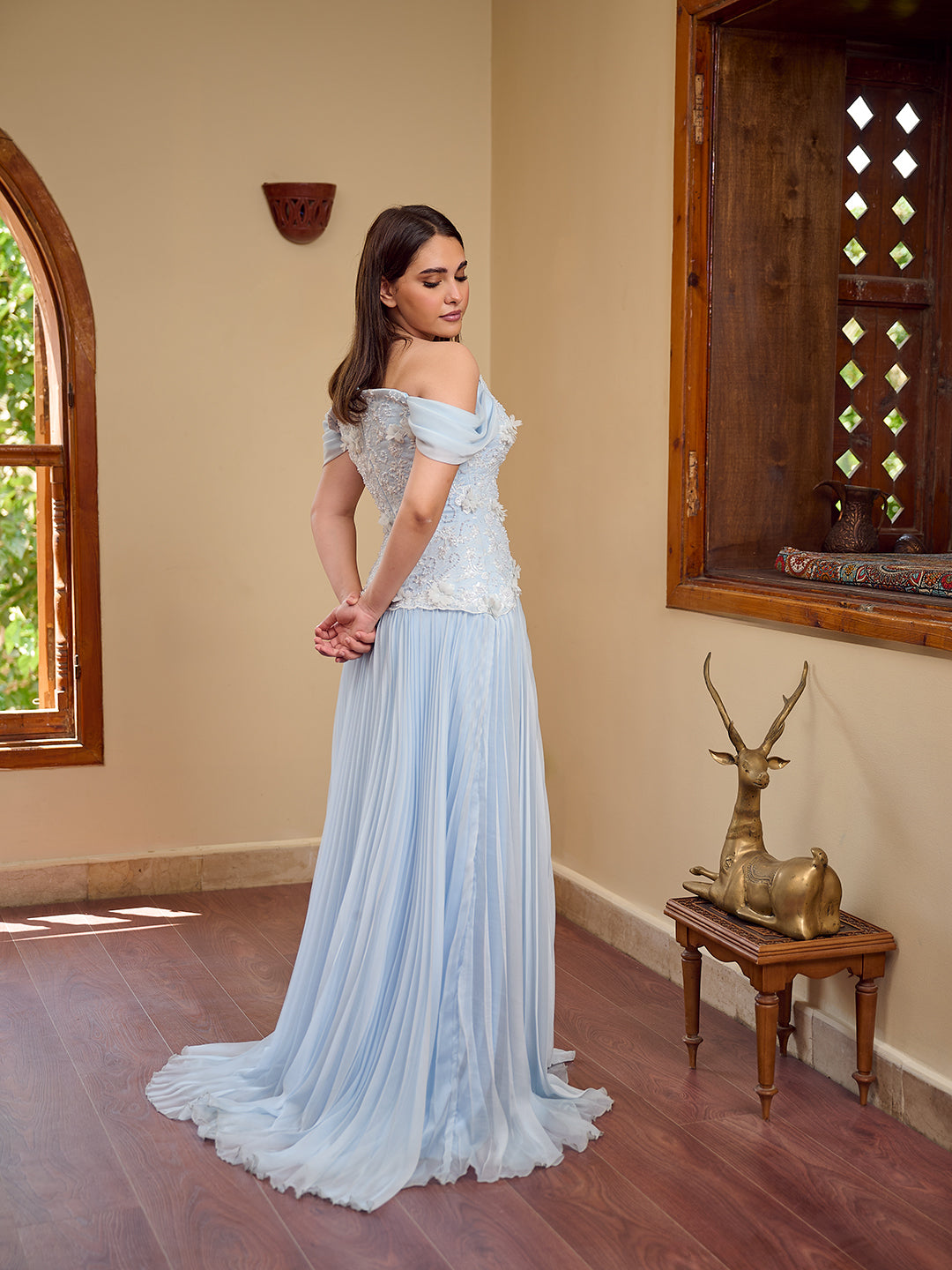 powder blue off-shoulder cascade Gown