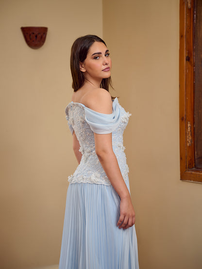 powder blue off-shoulder cascade Gown