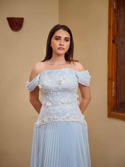 powder blue off-shoulder cascade Gown