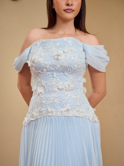 powder blue off-shoulder cascade Gown
