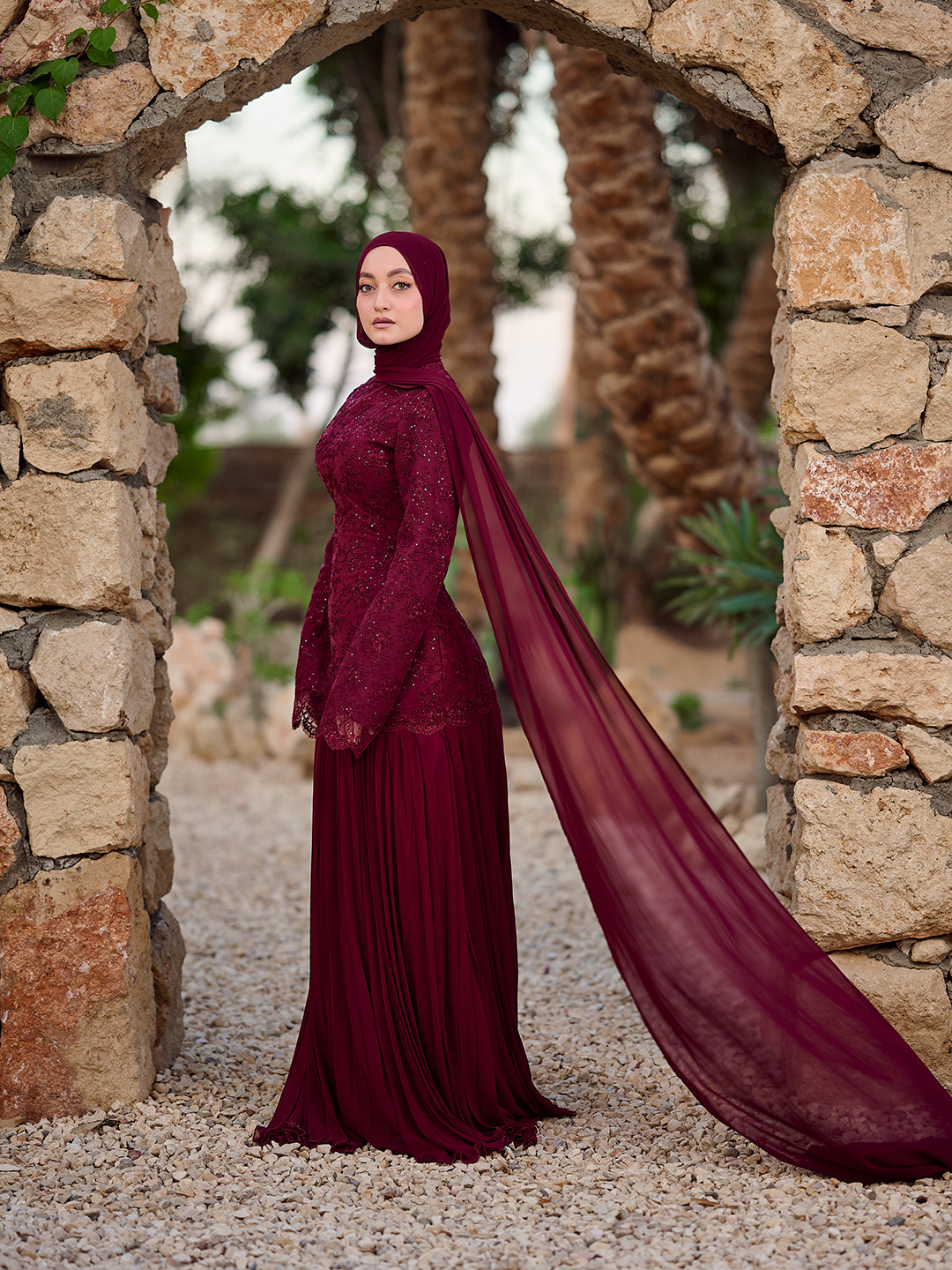 Side-Swept Elegance dress in burgundy