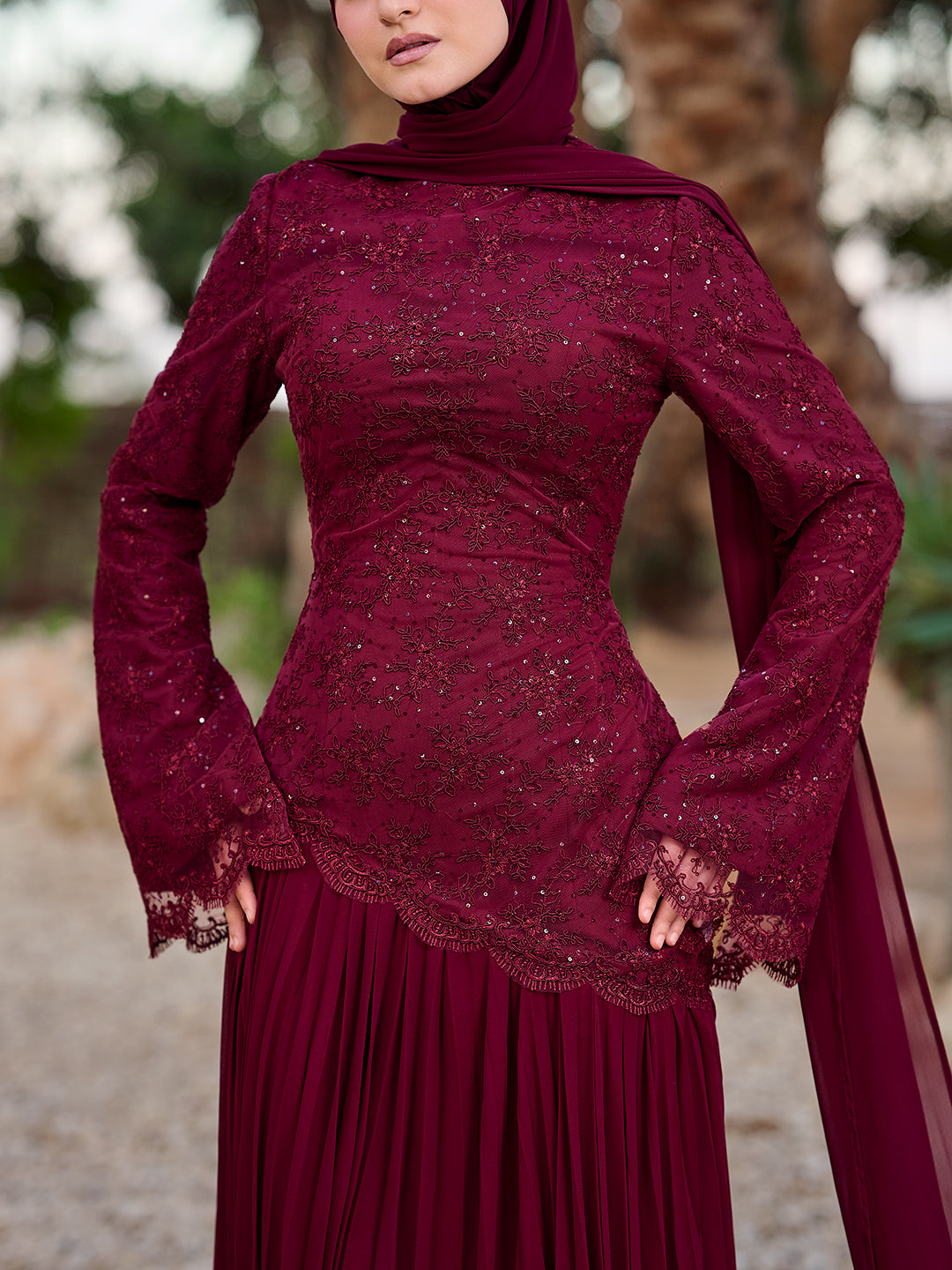 Side-Swept Elegance dress in burgundy