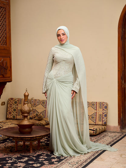 Fitted Bead embroidery Dress  in Sage green