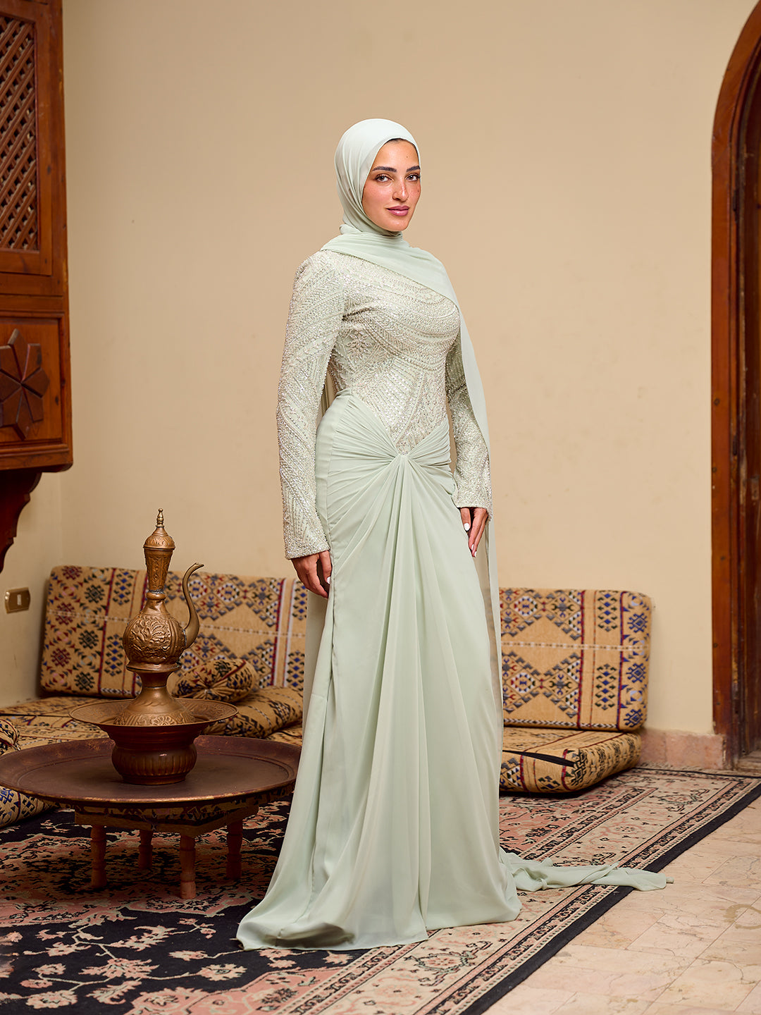 Fitted Bead embroidery Dress  in Sage green