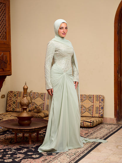 Fitted Bead embroidery Dress  in Sage green