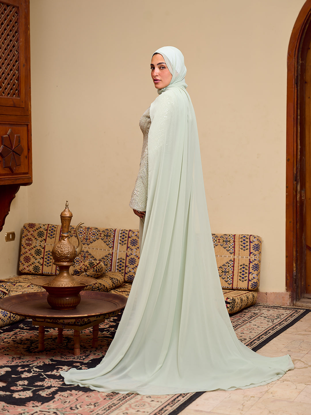 Fitted Bead embroidery Dress  in Sage green