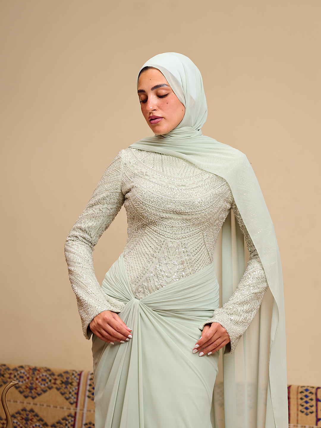Fitted Bead embroidery Dress  in Sage green