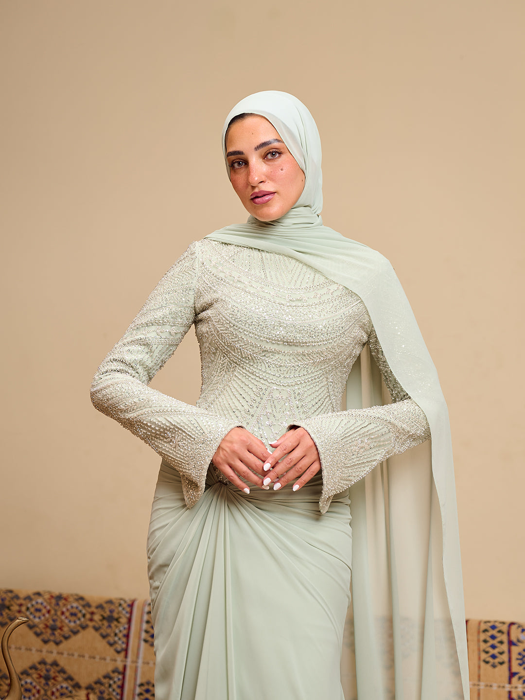 Fitted Bead embroidery Dress  in Sage green
