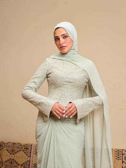 Fitted Bead embroidery Dress  in Sage green