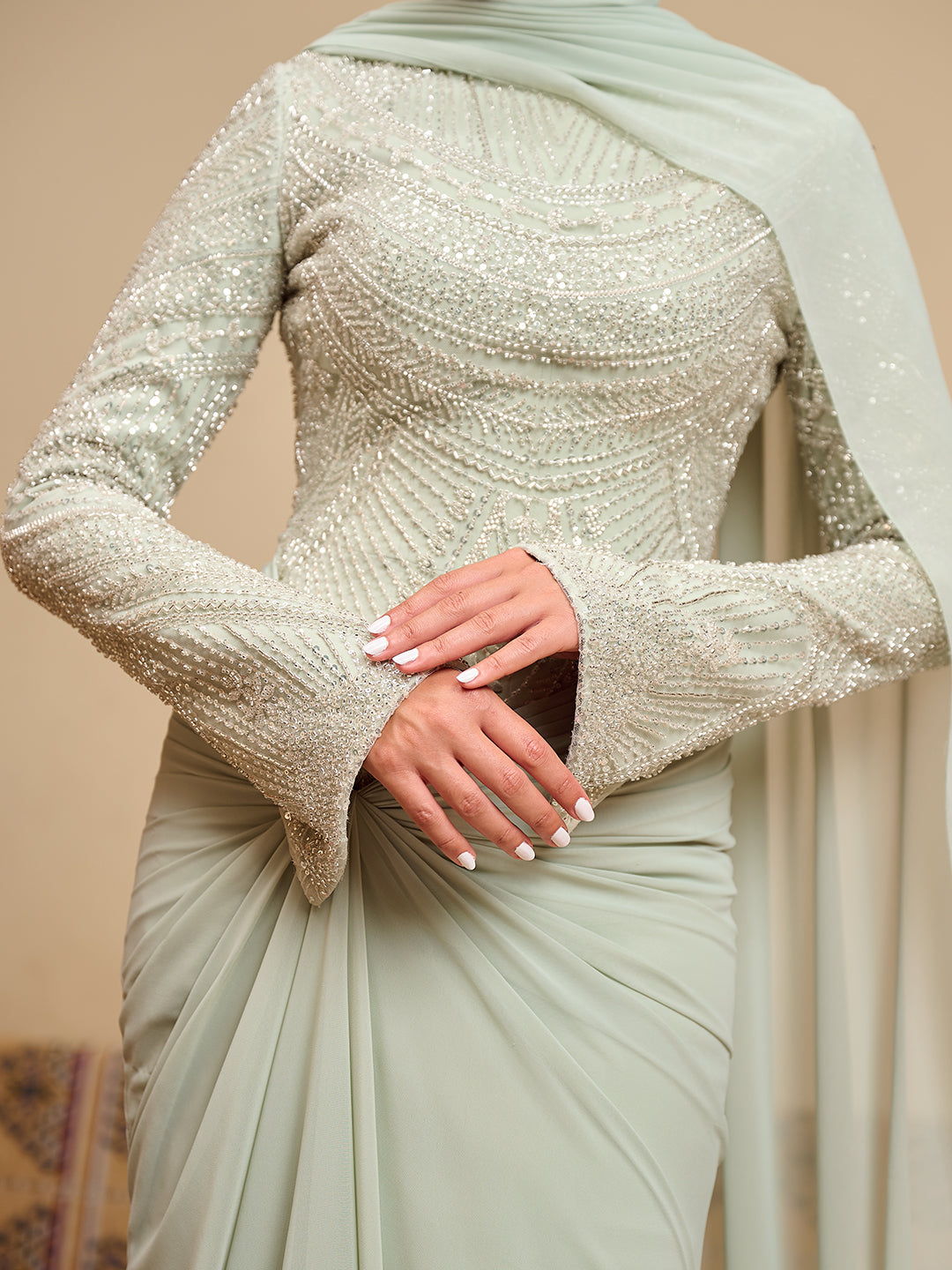 Fitted Bead embroidery Dress  in Sage green