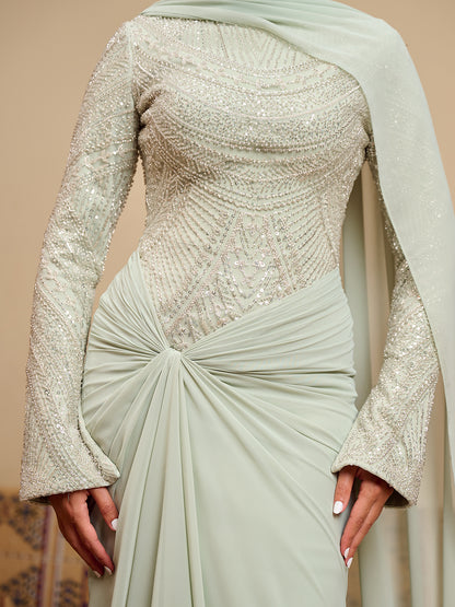 Fitted Bead embroidery Dress  in Sage green