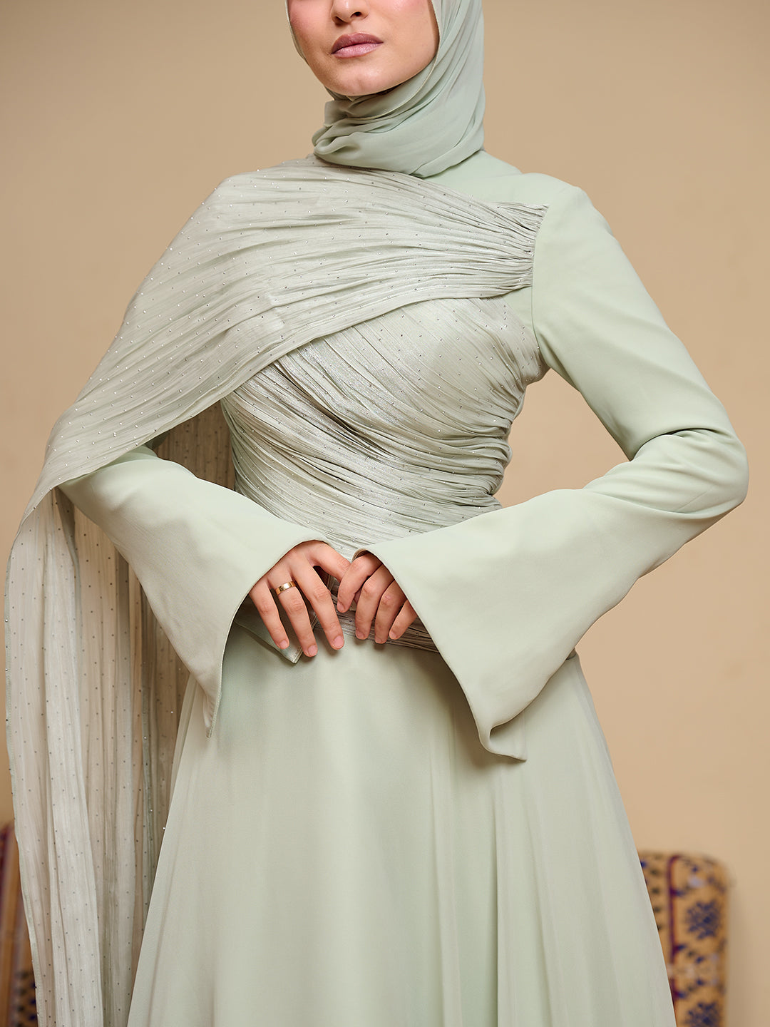 The Serene Drape Dress in Sage green   – Shoulder Extension