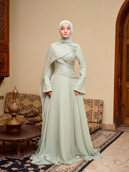 The Serene Drape Dress in Sage green   – Shoulder Extension