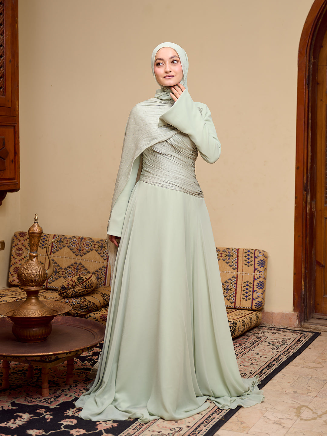 The Serene Drape Dress in Sage green   – Shoulder Extension