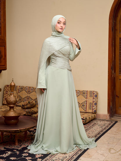 The Serene Drape Dress in Sage green   – Shoulder Extension