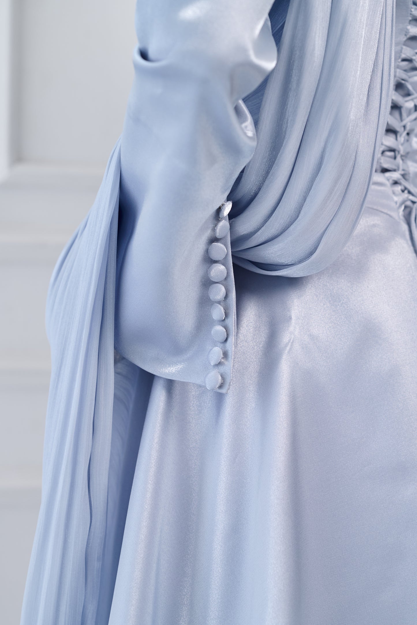 Asymmetric Grace Shoulder Drape Dress in Baby Blue